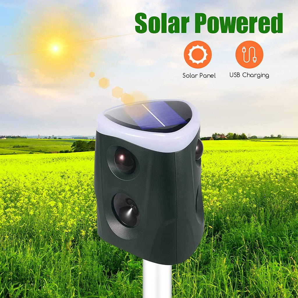 Solar Animal Repeller Ultrasonic Outdoor Waterproof PIR Sensor Strobe Light Alarm Sound k7