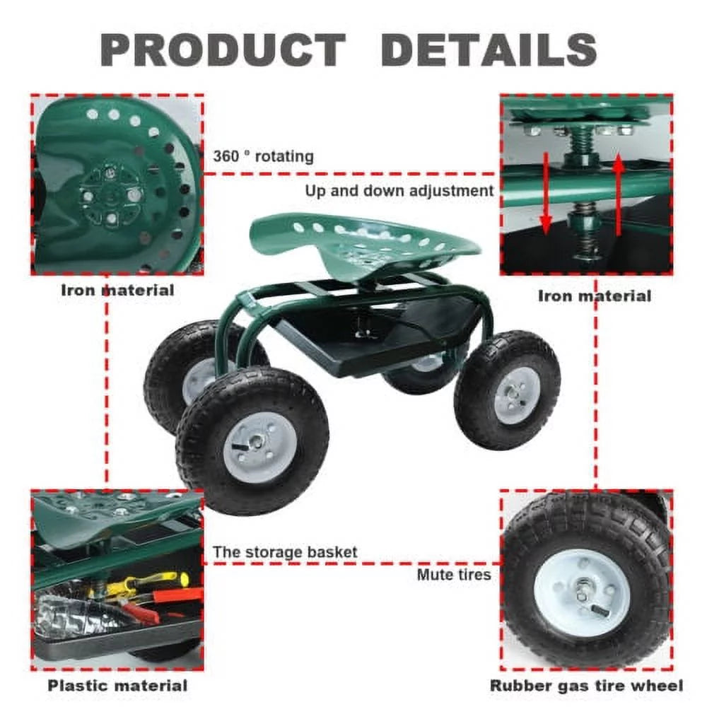 Rolling Garden Seat Cart Swivel 4 Wheel Metal Stool Outdoor k7m