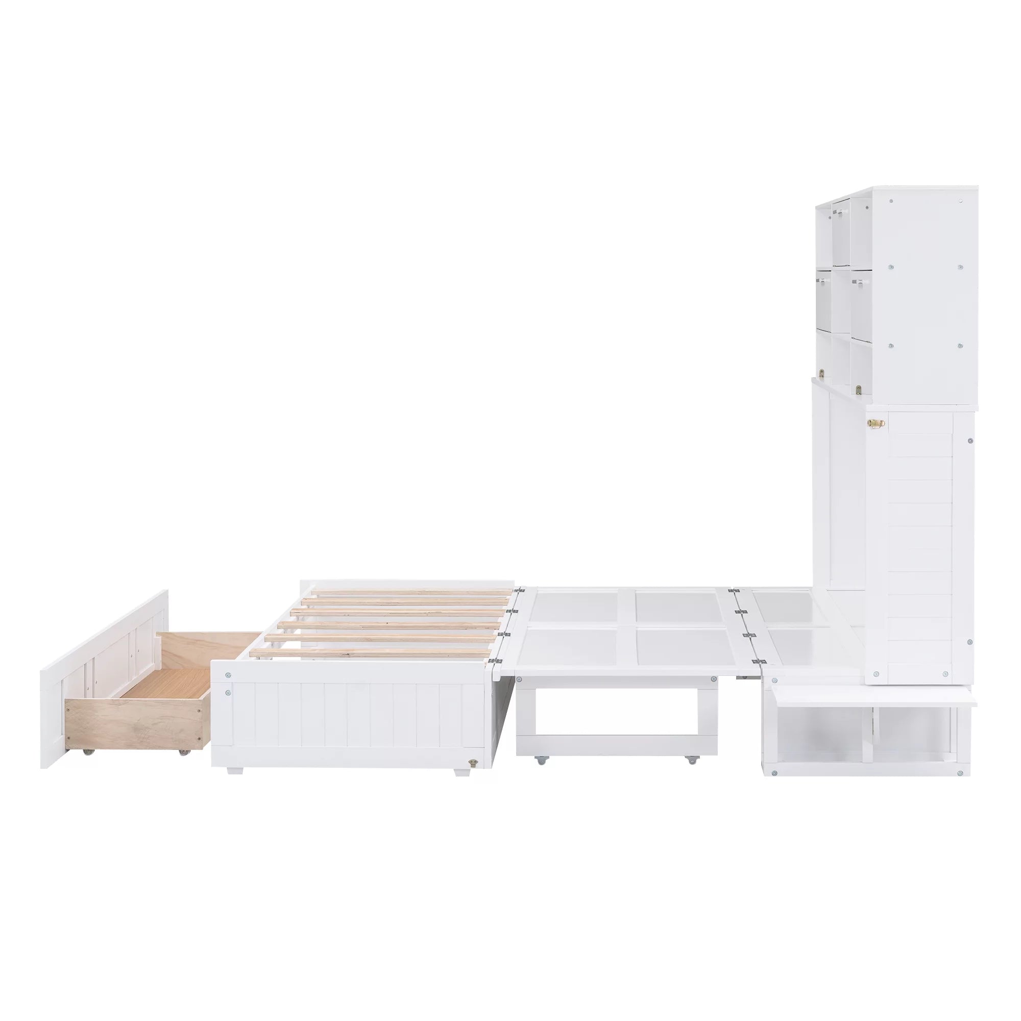Queen Murphy Bed with Bookcase and Drawer White k7m