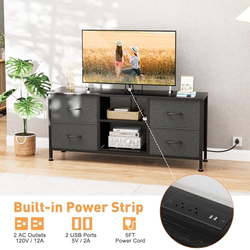 TV Stand with 4 Fabric Drawers for 50 Inch TV, Power Outlet, Black Wood Veins k7