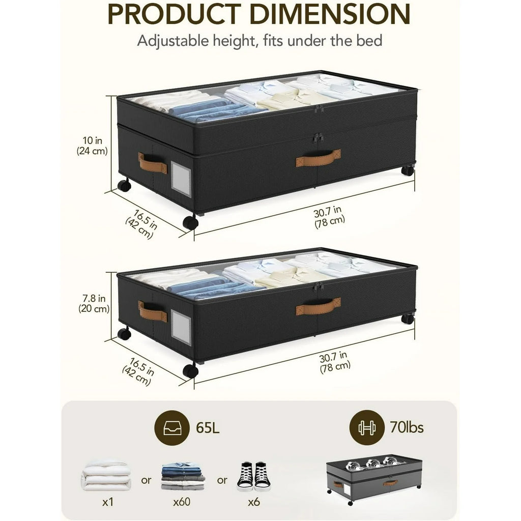 Under Bed Storage with Wheels, Adjustable Height Containers, 10 inches, Black a7