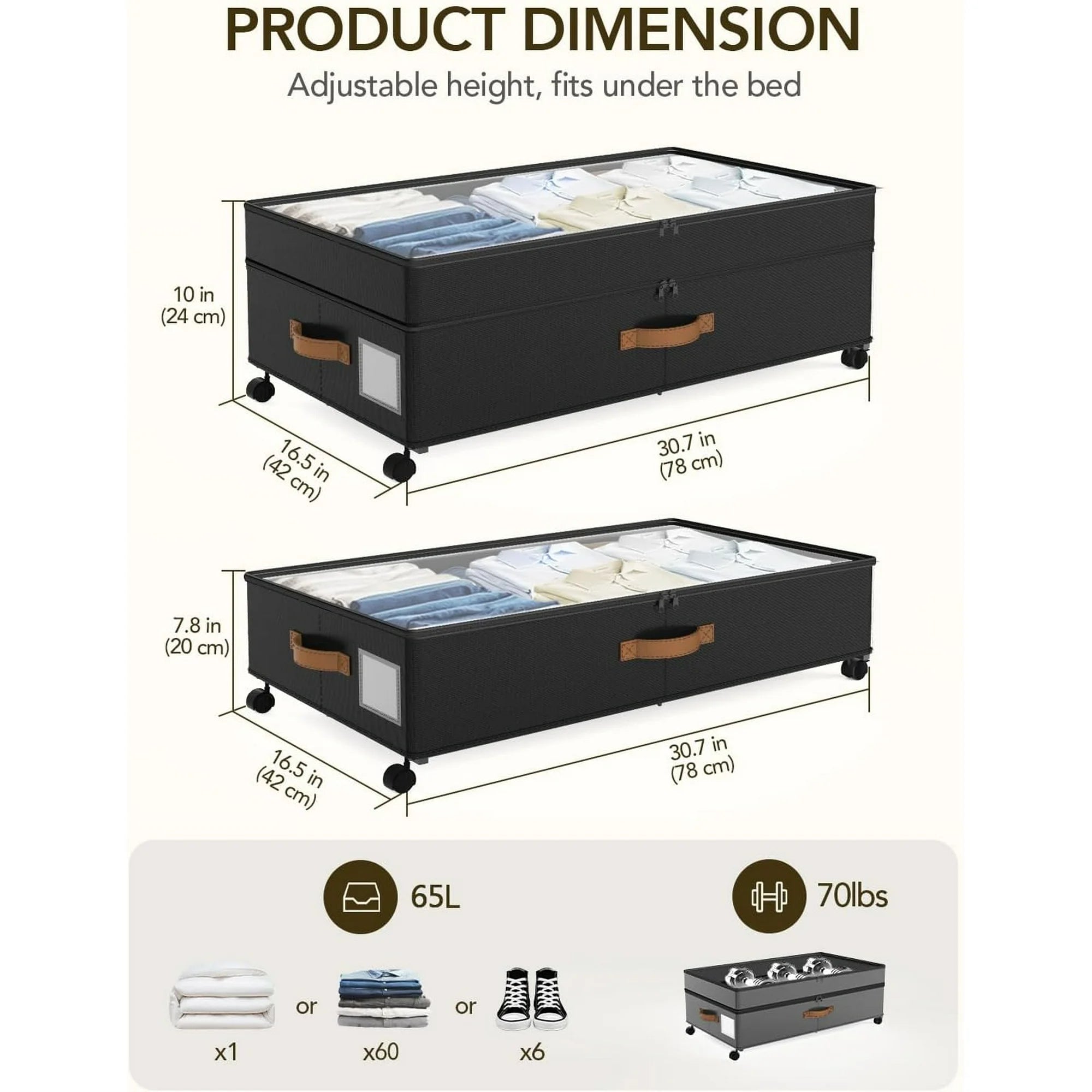 Under Bed Storage with Wheels, Adjustable Height Containers, 10 inches, Black a7