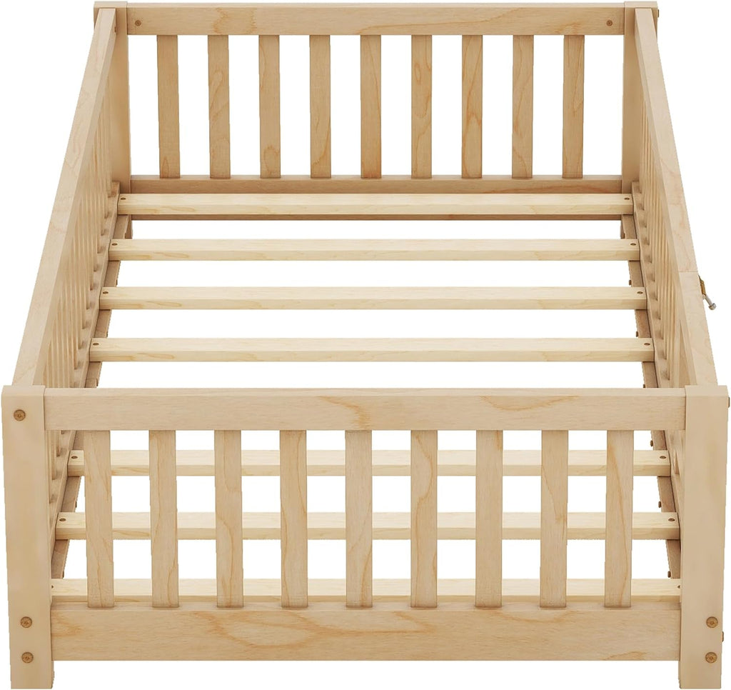 Twin Size Montessori Floor Bed with Door and Fence for Kids a7k