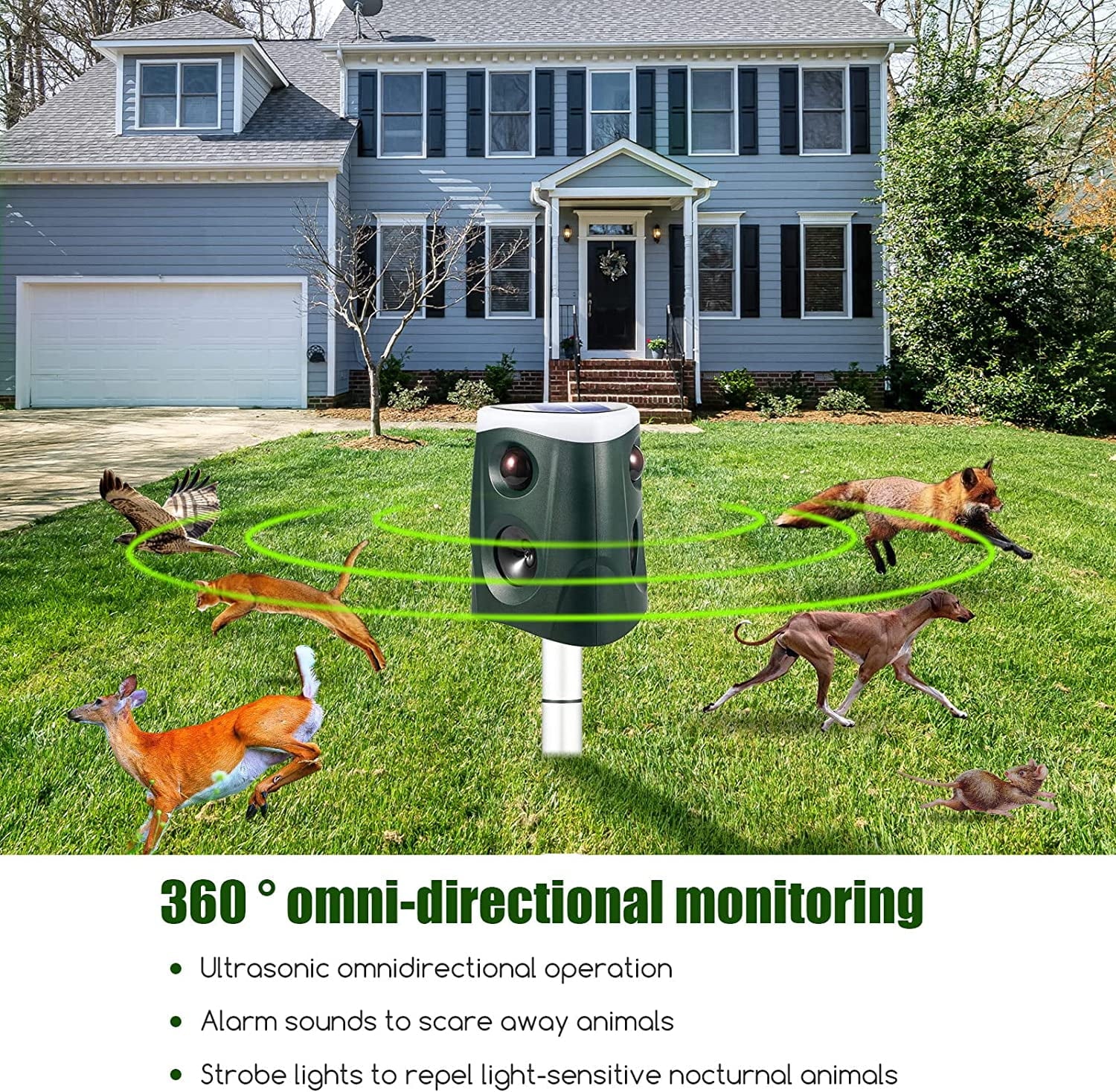 Solar Animal Repeller Ultrasonic Outdoor Waterproof PIR Sensor Strobe Light Alarm Sound k7