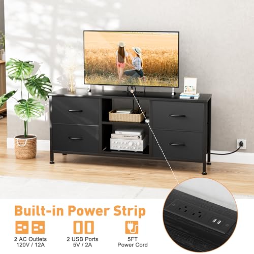 TV Stand with 4 Fabric Drawers for 50 Inch TV, Power Outlet, Black Wood Veins k7