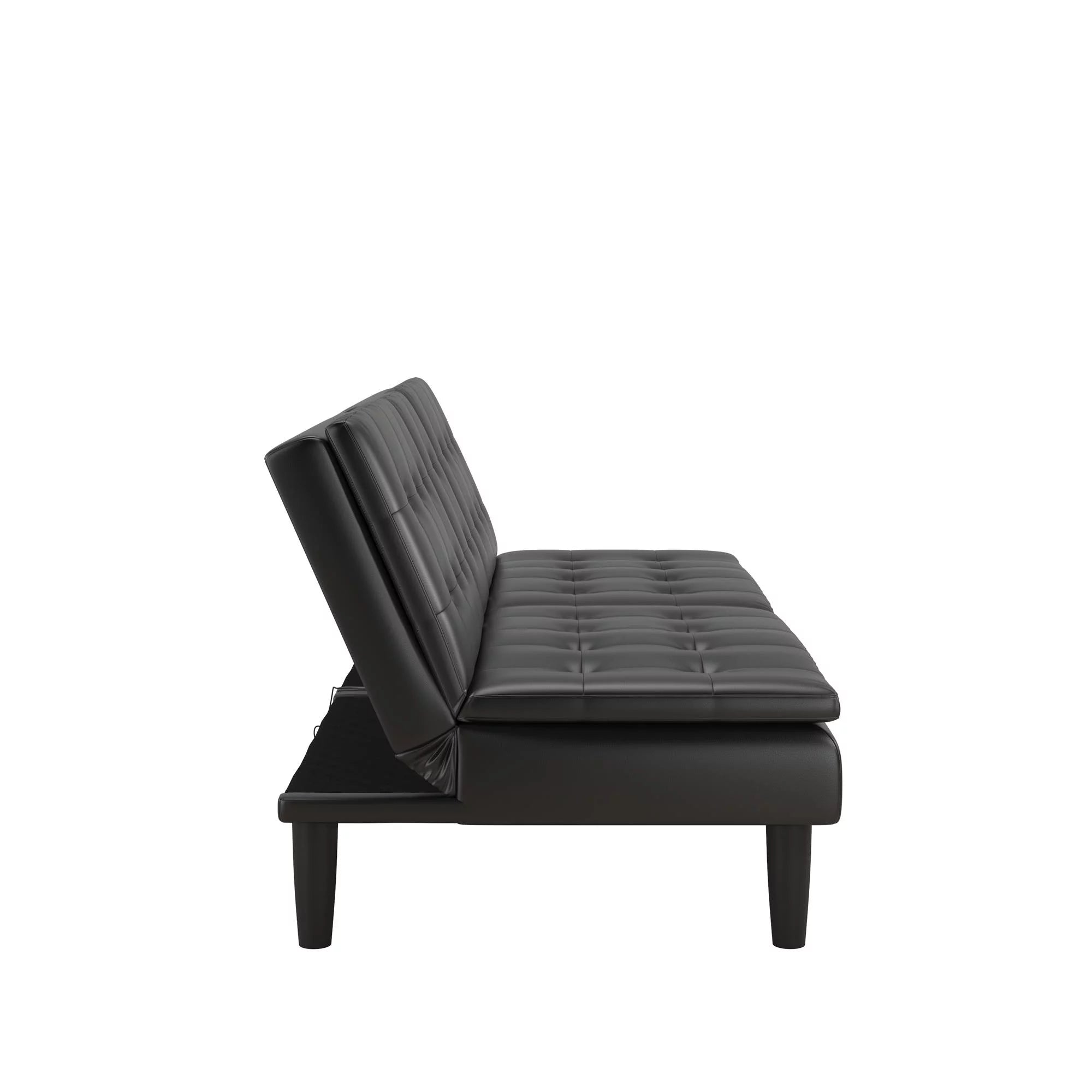 Memory Foam Futon with Cupholder and USB Black Faux Leather k7