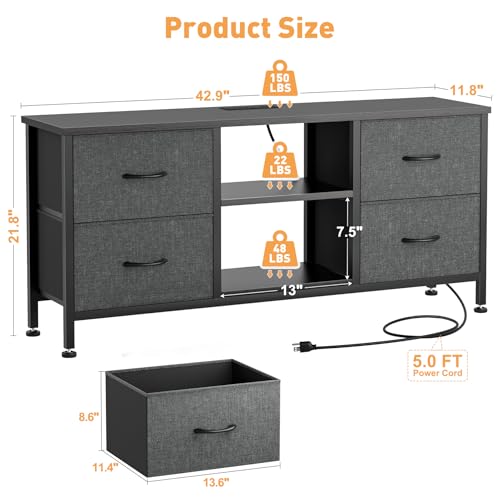 TV Stand with 4 Fabric Drawers for 50 Inch TV, Power Outlet, Black Wood Veins k7