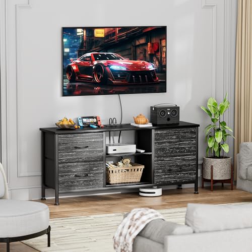 TV Stand with 4 Fabric Drawers for 50 Inch TV, Power Outlet, Black Wood Veins k7