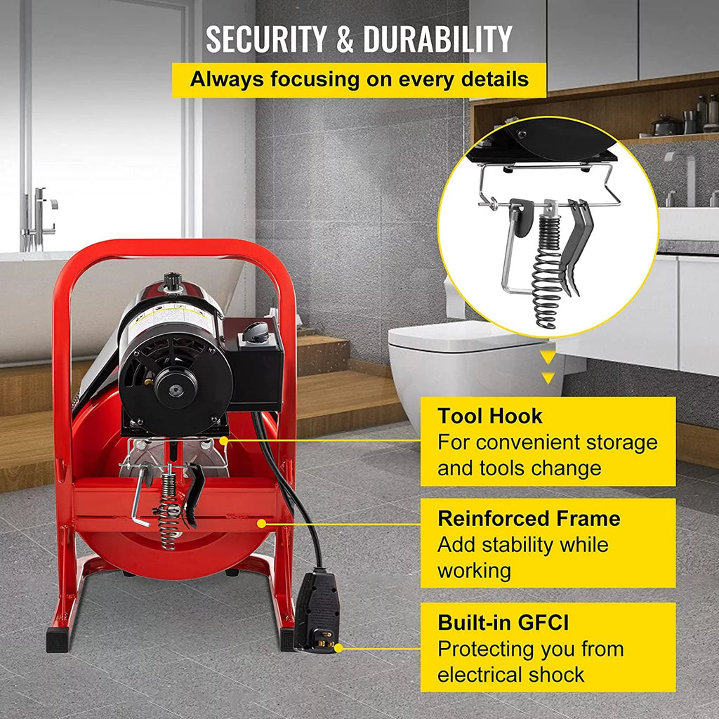 Drain Cleaner Machine 75ft x 1/2 in, 370W Drain Auger for 1" to 4" Pipes a7