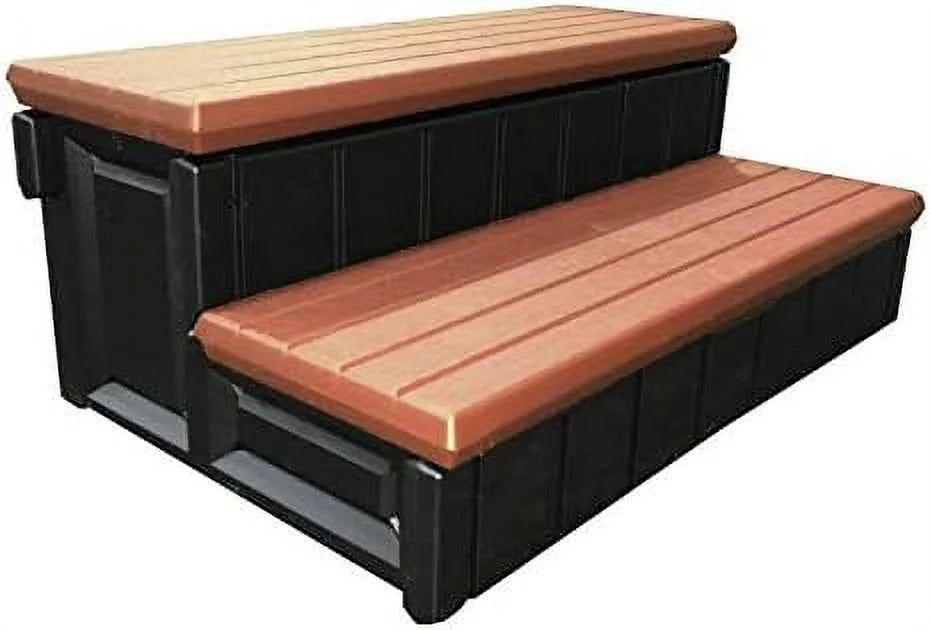 Confer 36" Long Deluxe Plastic 2 Stair Patio Deck Outdoor Non Skid Spa Steps, Snap Installation, Redwood/Black