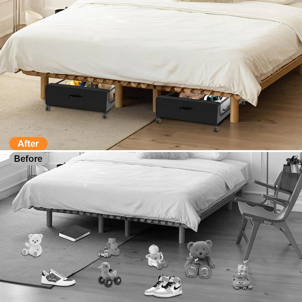 Under Bed Storage with Wheels 2 Pack, Large Rolling Containers with Lid, Black a7