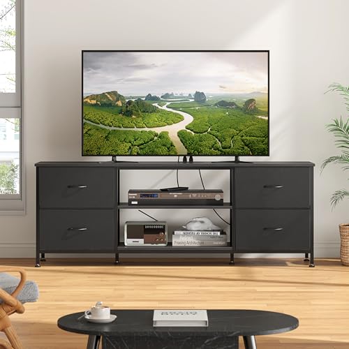 TV Stand with 4 Fabric Drawers for 50 Inch TV, Power Outlet, Black Wood Veins k7