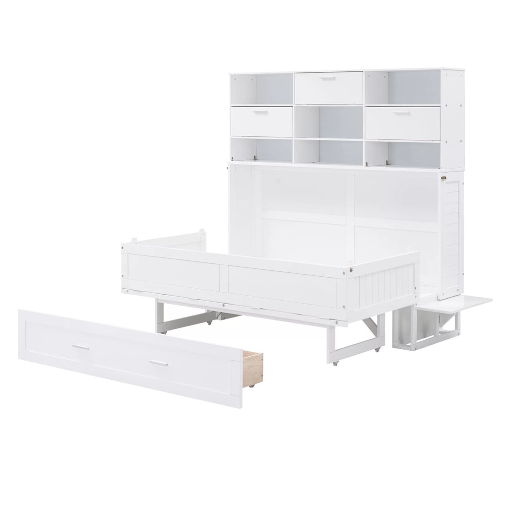 Queen Murphy Bed with Bookcase and Drawer White k7m