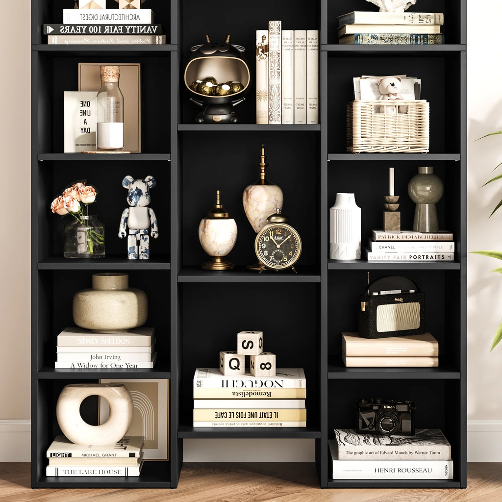 Bookcase with Adjustable Shelves, Triple Width Storage Rack, Black k7m
