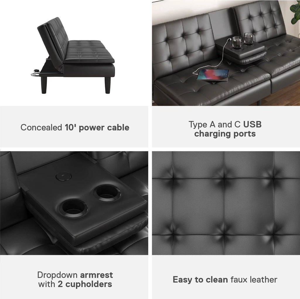 Memory Foam Futon with Cupholder and USB Black Faux Leather k7