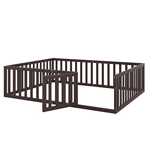 Twin Floor Bed Frame with Safety Fence Solid Wood for Kids Natural k7