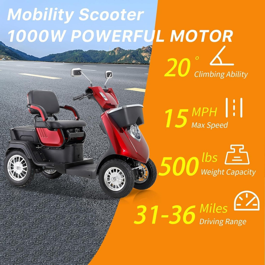 Mobility Scooter 4 Wheel 500lbs Capacity 36-Mile Range Red k7p