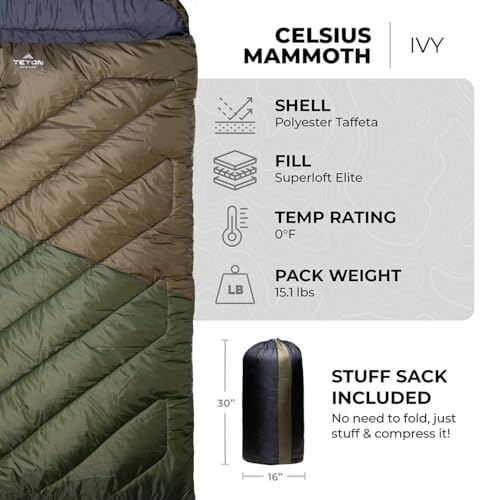 Mammoth Double Sleeping Bag for Camping Hunting Base Camp with Compression Sack k7