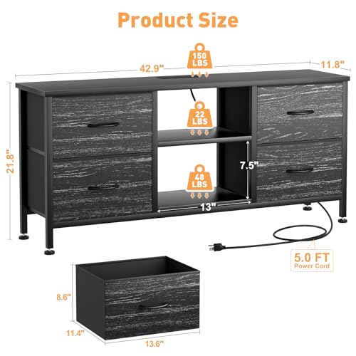 TV Stand with 4 Fabric Drawers for 50 Inch TV, Power Outlet, Black Wood Veins k7