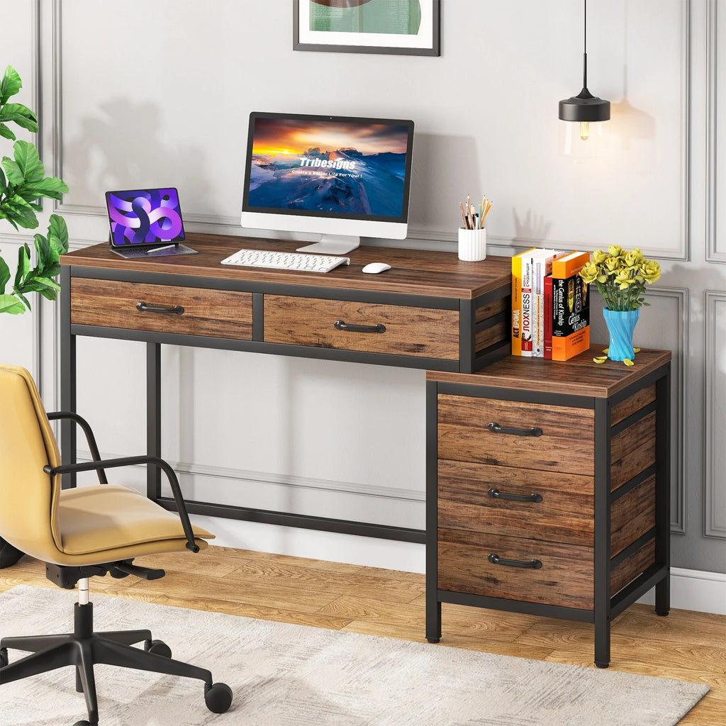 Reversible Computer Desk with 5 Drawers and File Cabinet, Rustic Brown k7