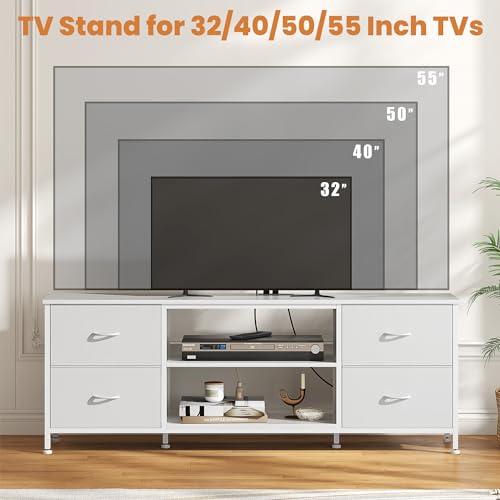 TV Stand with 4 Fabric Drawers for 50 Inch TV, Power Outlet, Black Wood Veins k7