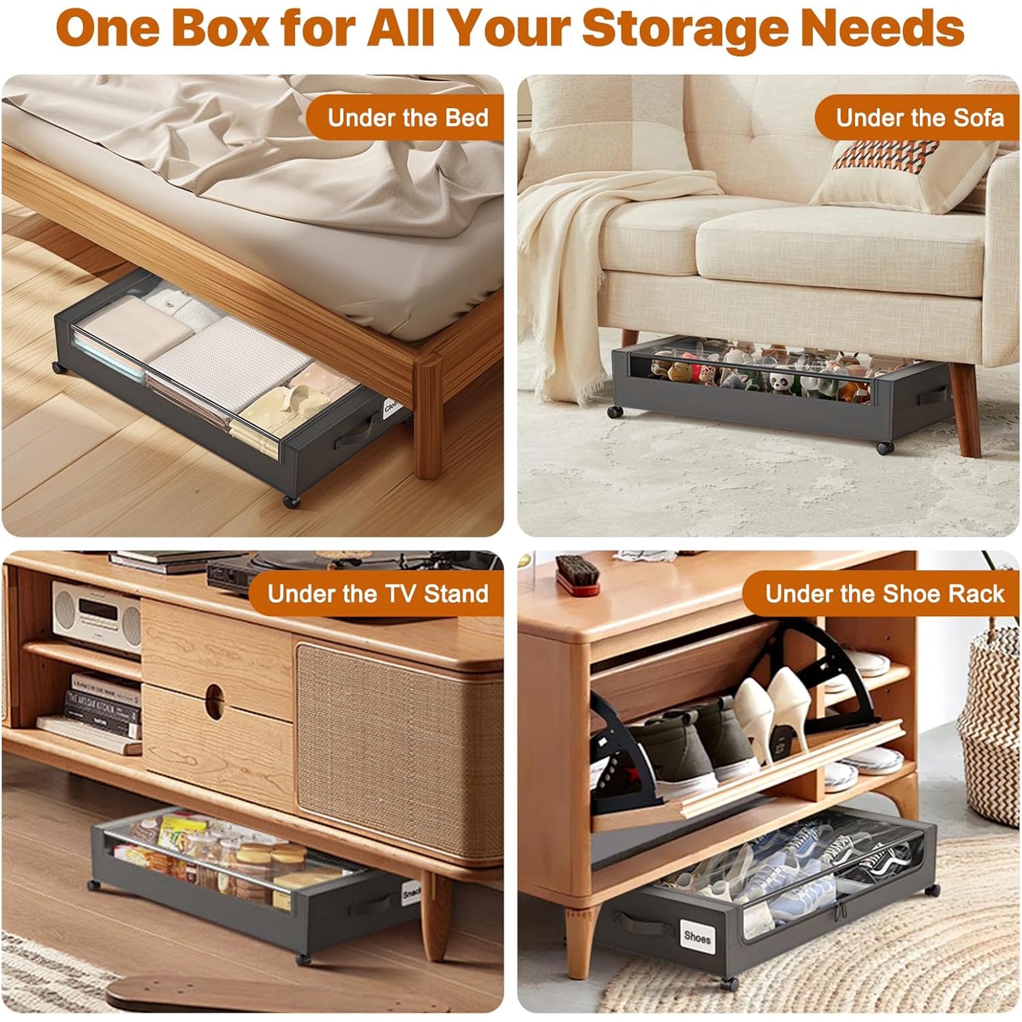 Under Bed Storage Bins with Wheels and Clear Lids, 4 Pack, 60L White a7