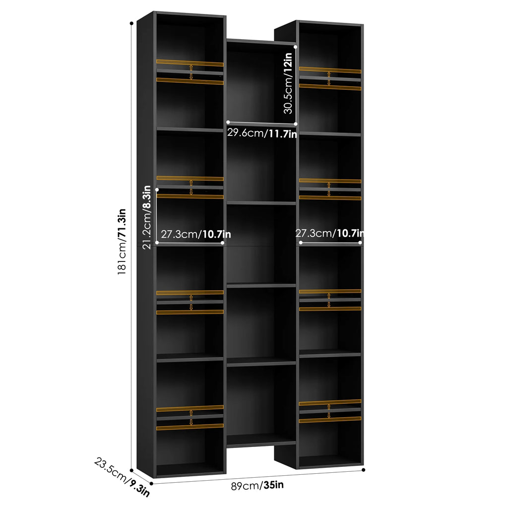 Bookcase with Adjustable Shelves, Triple Width Storage Rack, Black k7m