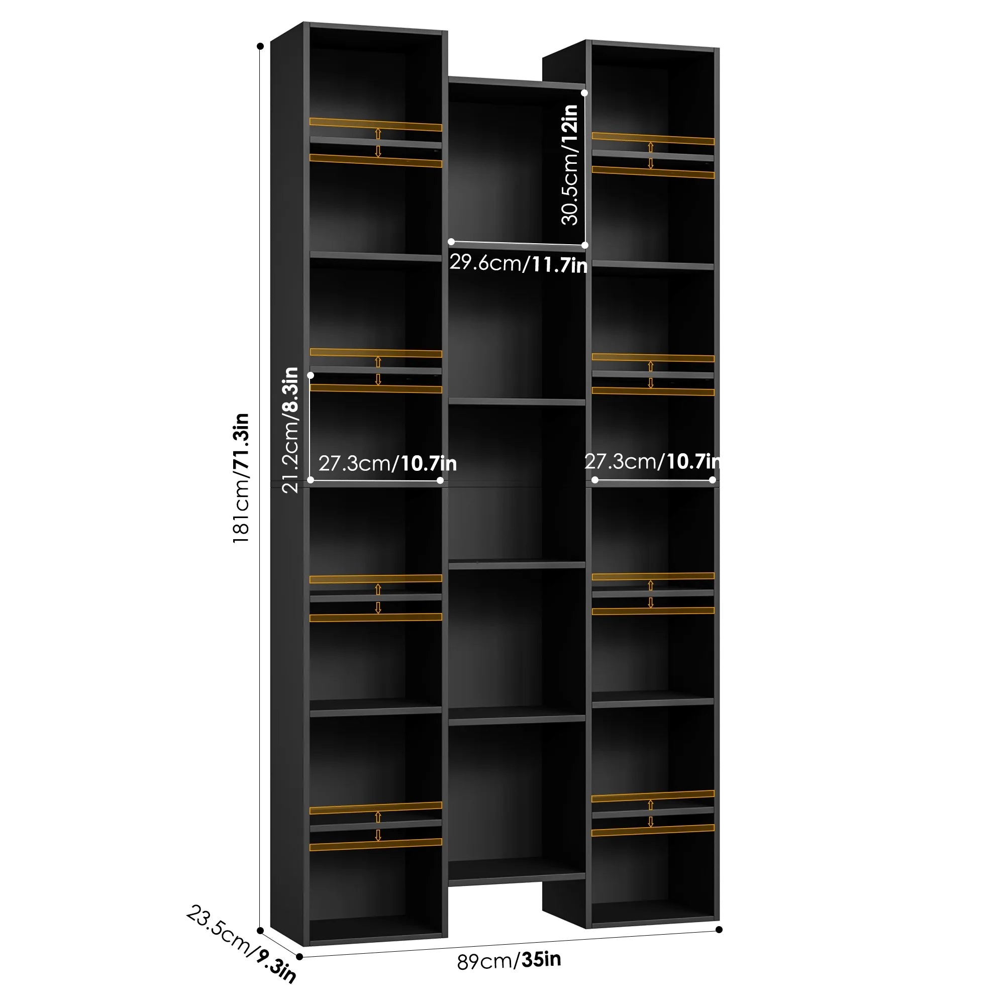 Bookcase with Adjustable Shelves, Triple Width Storage Rack, Black k7m