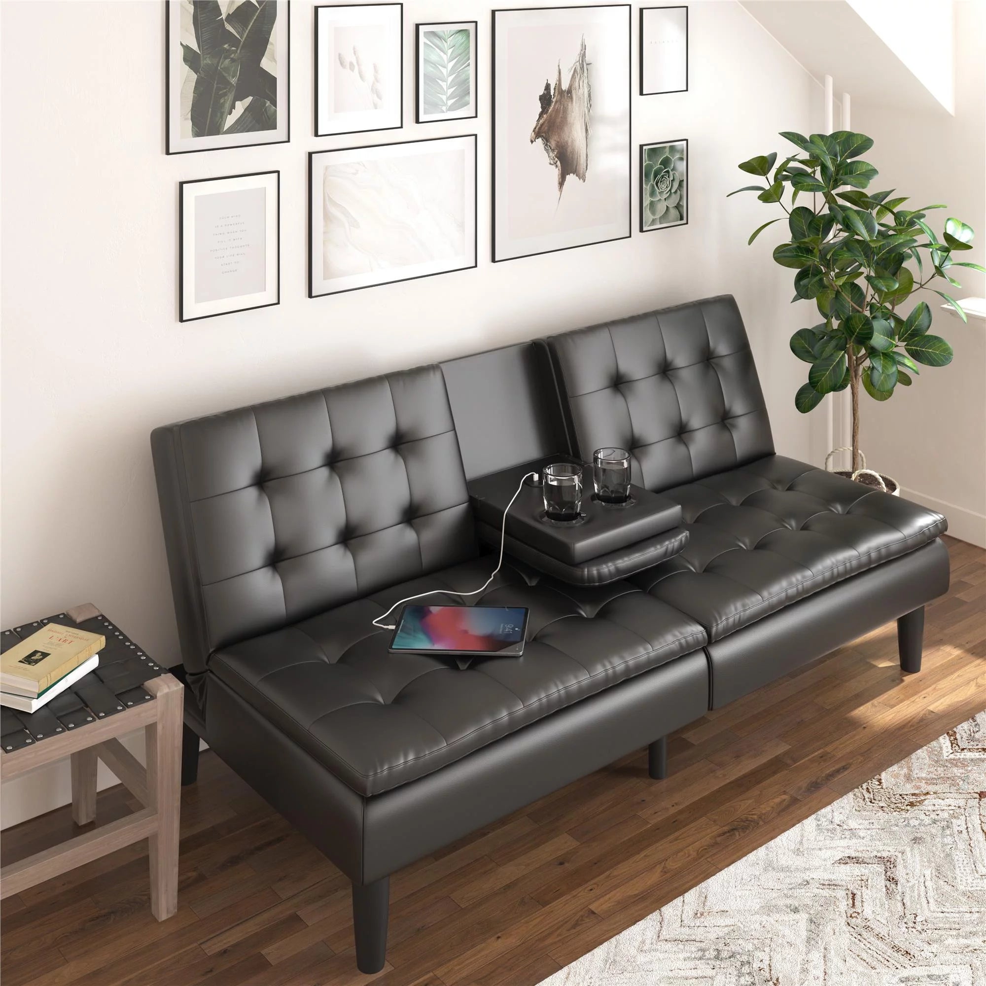 Memory Foam Futon with Cupholder and USB Black Faux Leather k7