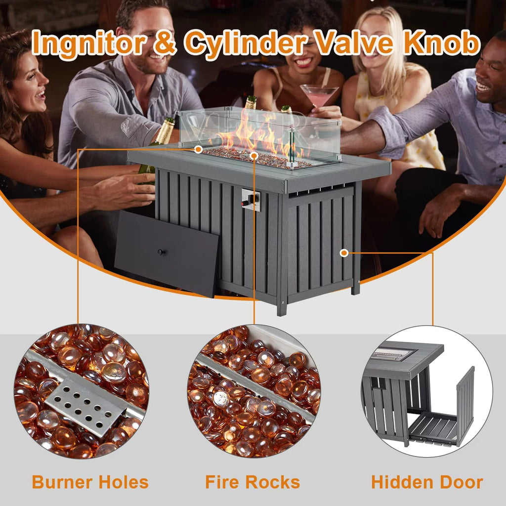 Propane Fire Pit Table with Lid and Fire Glass, 43 Inch, Gray k7p