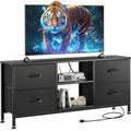 TV Stand for Bedroom, Dresser TV Stand with 4 Fabric Drawers & Open Shelves for 50" TV, Entertainment Center with Power Outlet, Dresser for Bedroom, Living Room, Entryway, Black Wood Veins