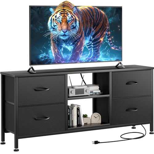 TV Stand for Bedroom, Dresser TV Stand with 4 Fabric Drawers & Open Shelves for 50" TV, Entertainment Center with Power Outlet, Dresser for Bedroom, Living Room, Entryway, Black Wood Veins