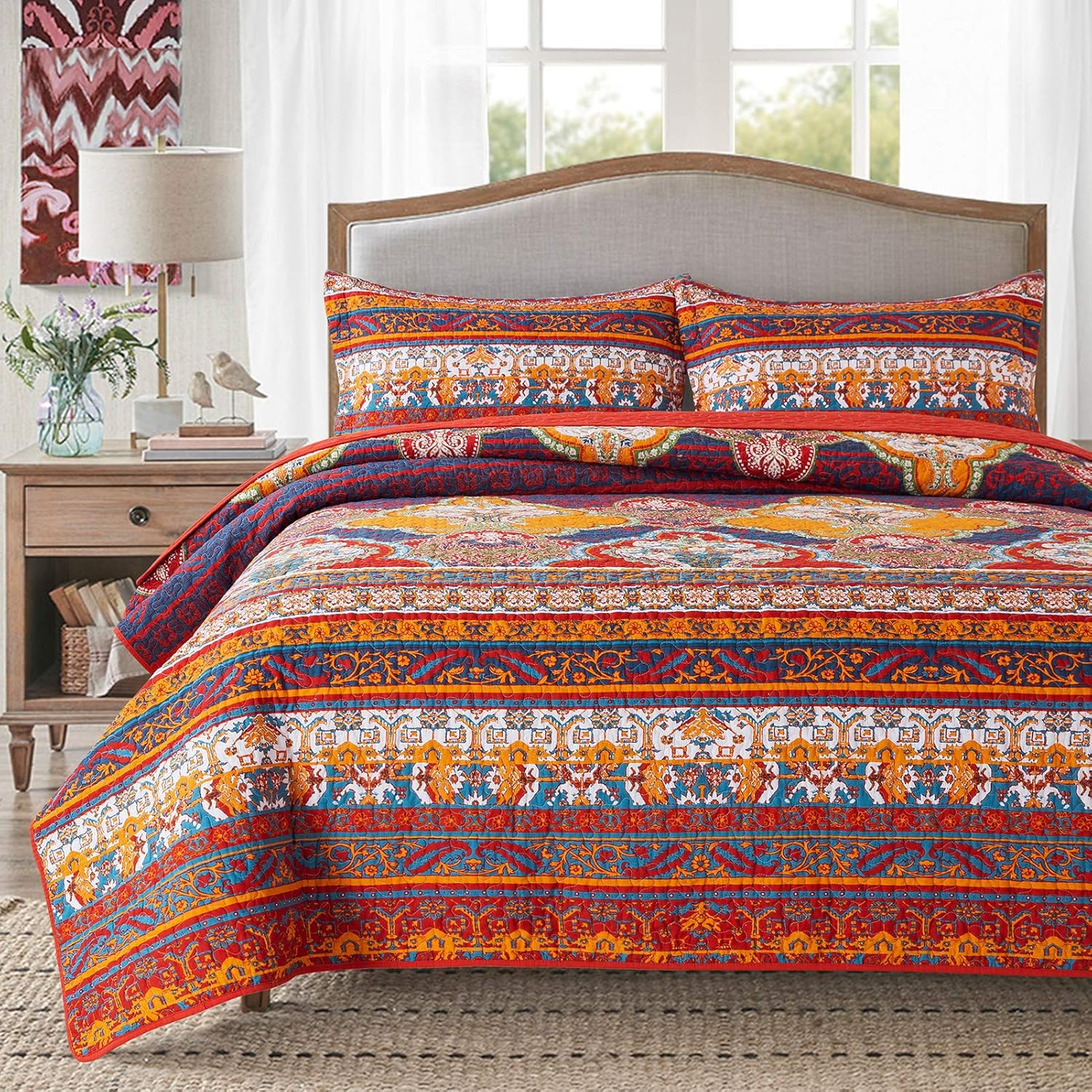 Cotton Bedspread Quilt Set Reversible Patchwork Coverlet Boho Floral q7