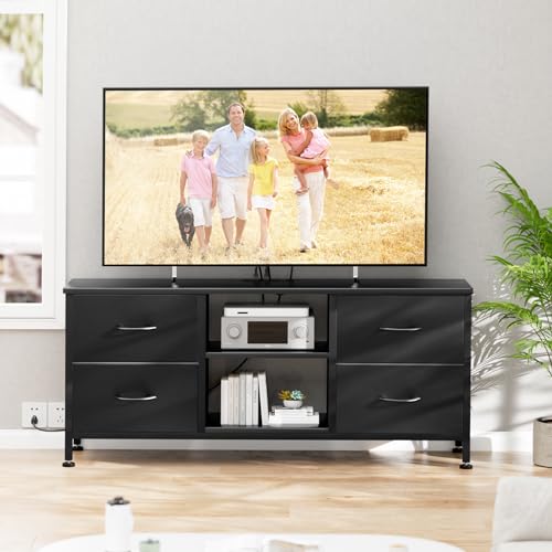 TV Stand with 4 Fabric Drawers for 50 Inch TV, Power Outlet, Black Wood Veins k7