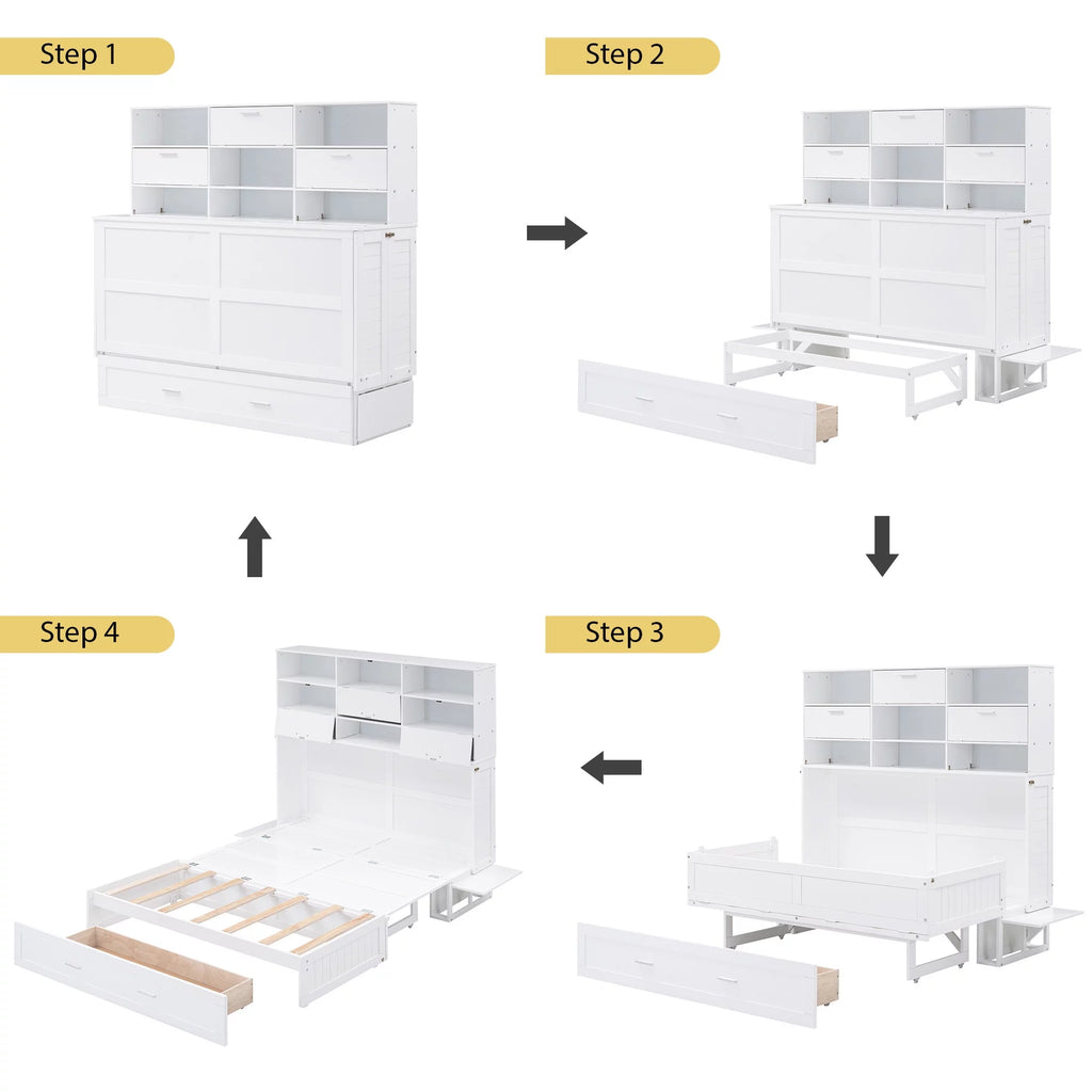 Queen Murphy Bed with Bookcase and Drawer White k7m