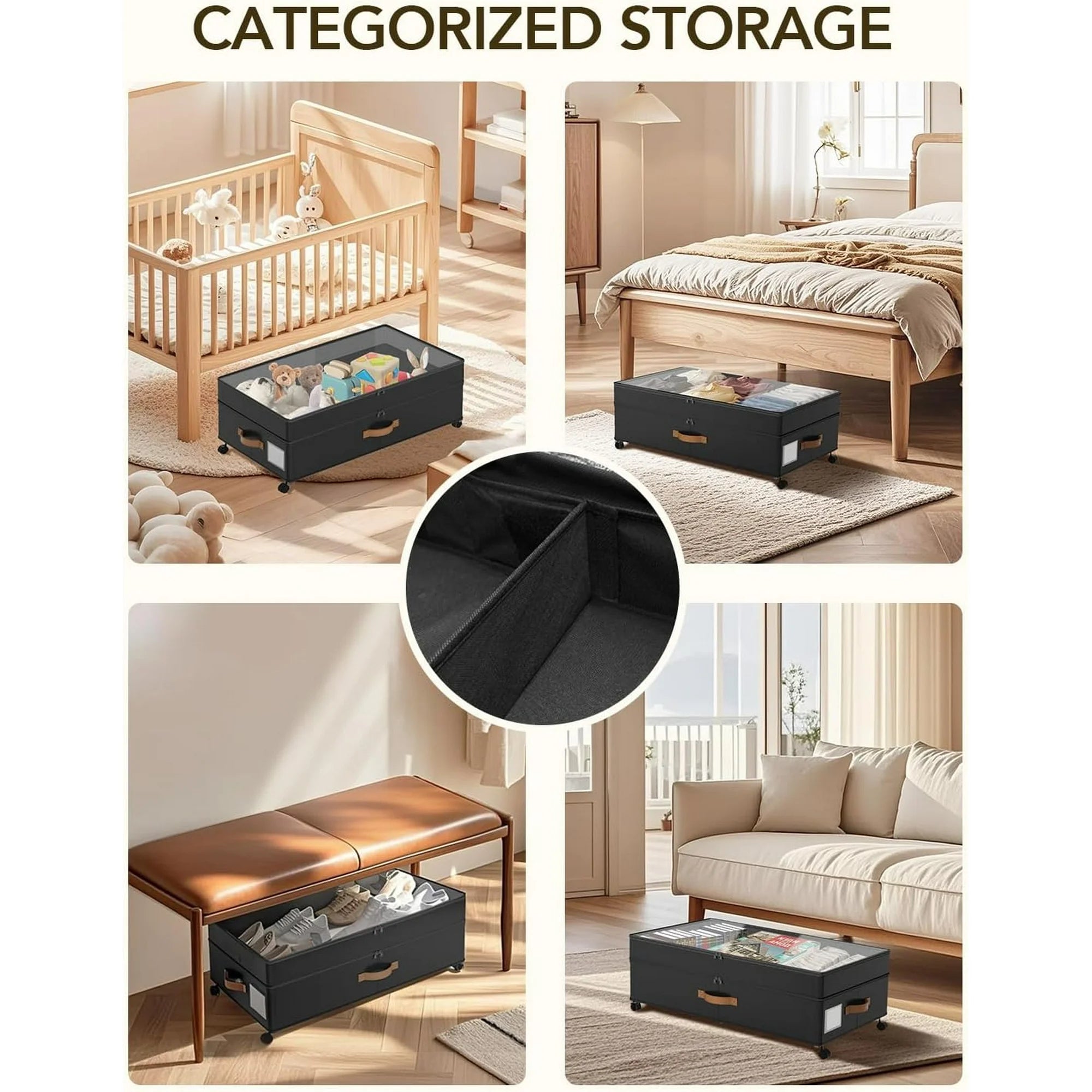 Under Bed Storage with Wheels, Adjustable Height Containers, 10 inches, Black a7