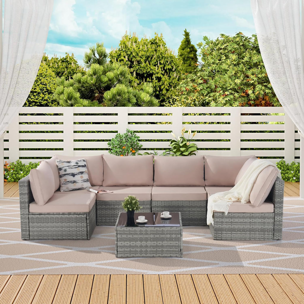 Outdoor Patio Conversation Set with Coffee Table, Beige wicker sectional sofa a7