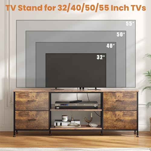 TV Stand with 4 Fabric Drawers for 50 Inch TV, Power Outlet, Black Wood Veins k7