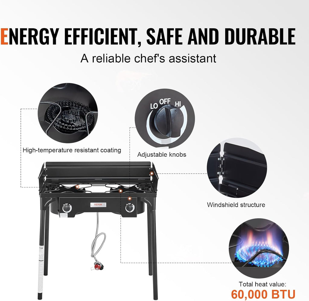 Outdoor Propane Burner 2 Burner Gas Cooker with Windscreen and Stand a7k