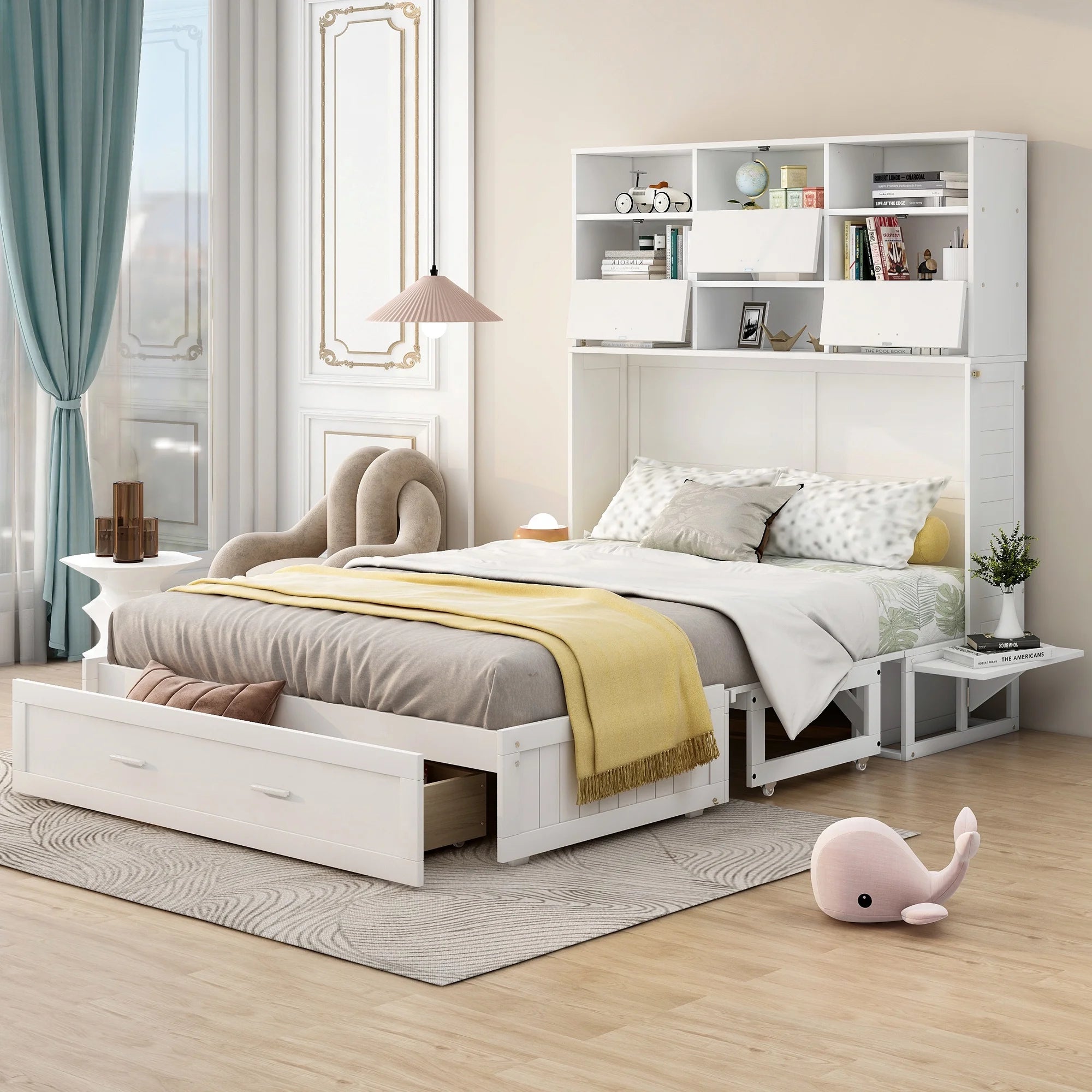 Euroco Queen Size Murphy Bed with Bookcase, Shelf and Drawer, Convertible into a Cabinet with Bookcase for Living Room, Space-Saving & Easy Open and Close, White