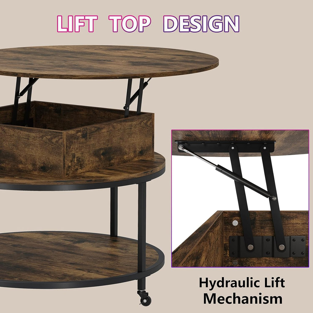 Rustic Brown Round Lift Top Coffee Table with Storage and Wheels a7
