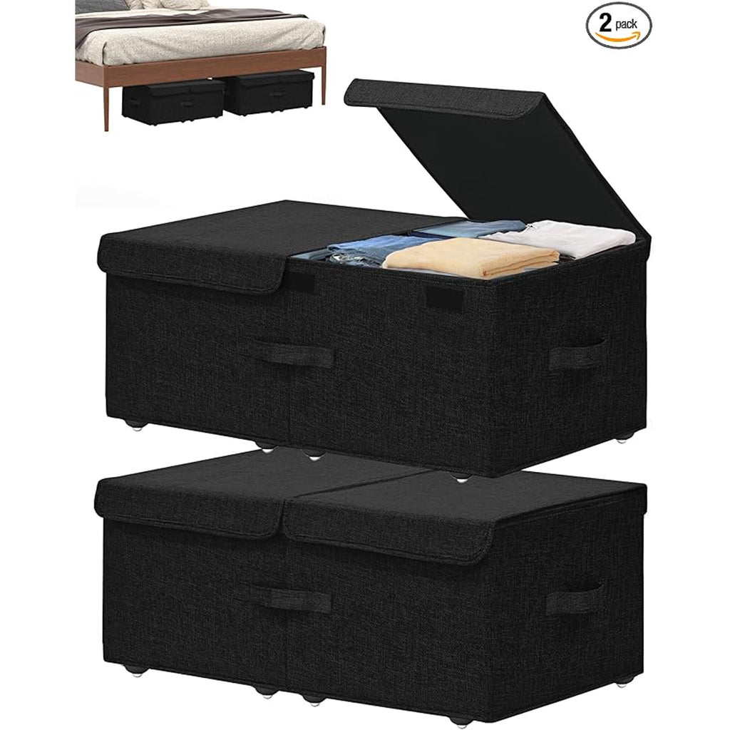 Under Bed Storage Container with Wheels, 2 Pack 10 High Deep Underbed Rolling Box Storage Bins Drawers with Lids for Bedroom, Dorms, Clothes, Shoes, Blankets, No Assemble Required, Black