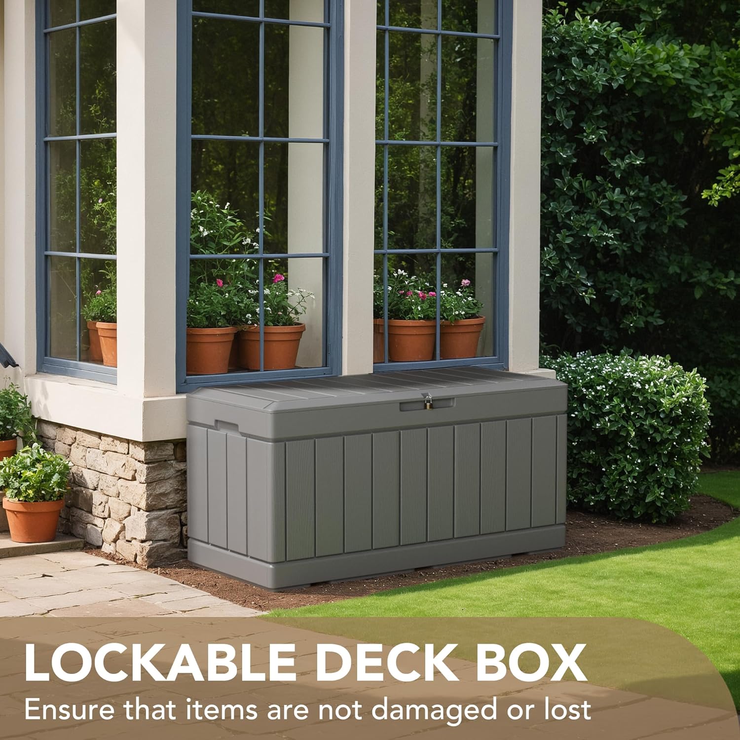 Outdoor Resin Deck Storage Box 85 Gallon Waterproof Grey k7p