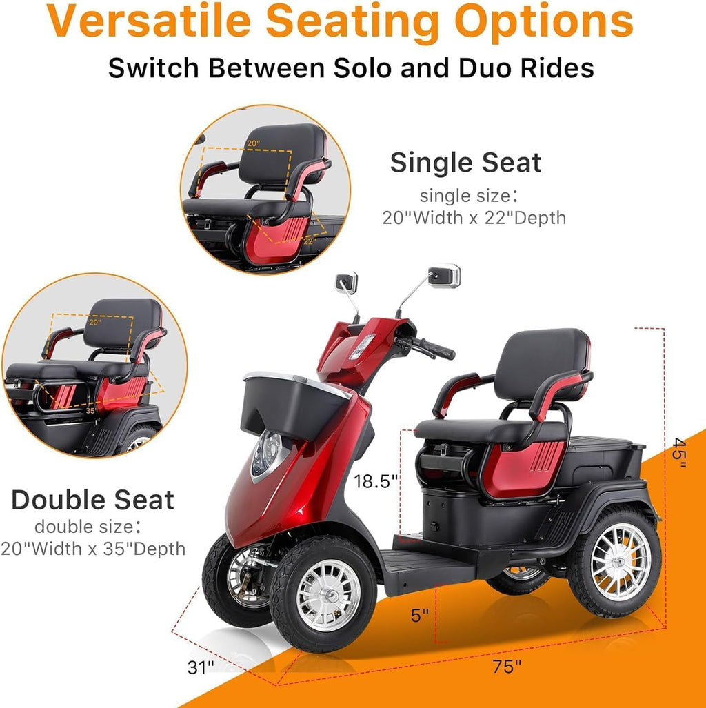 Mobility Scooter 4 Wheel 500lbs Capacity 36-Mile Range Red k7p
