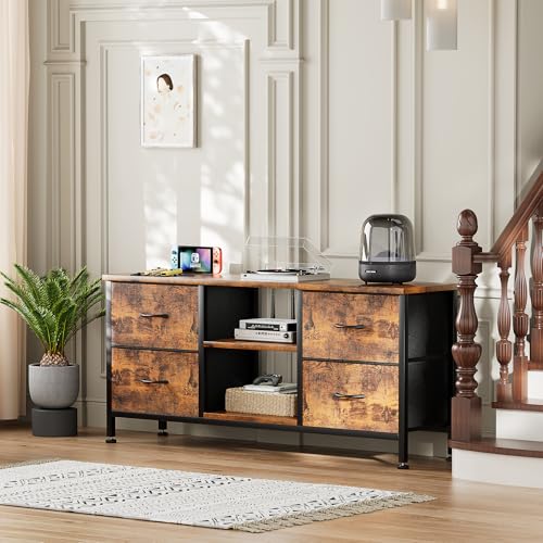 TV Stand with 4 Fabric Drawers for 50 Inch TV, Power Outlet, Black Wood Veins k7