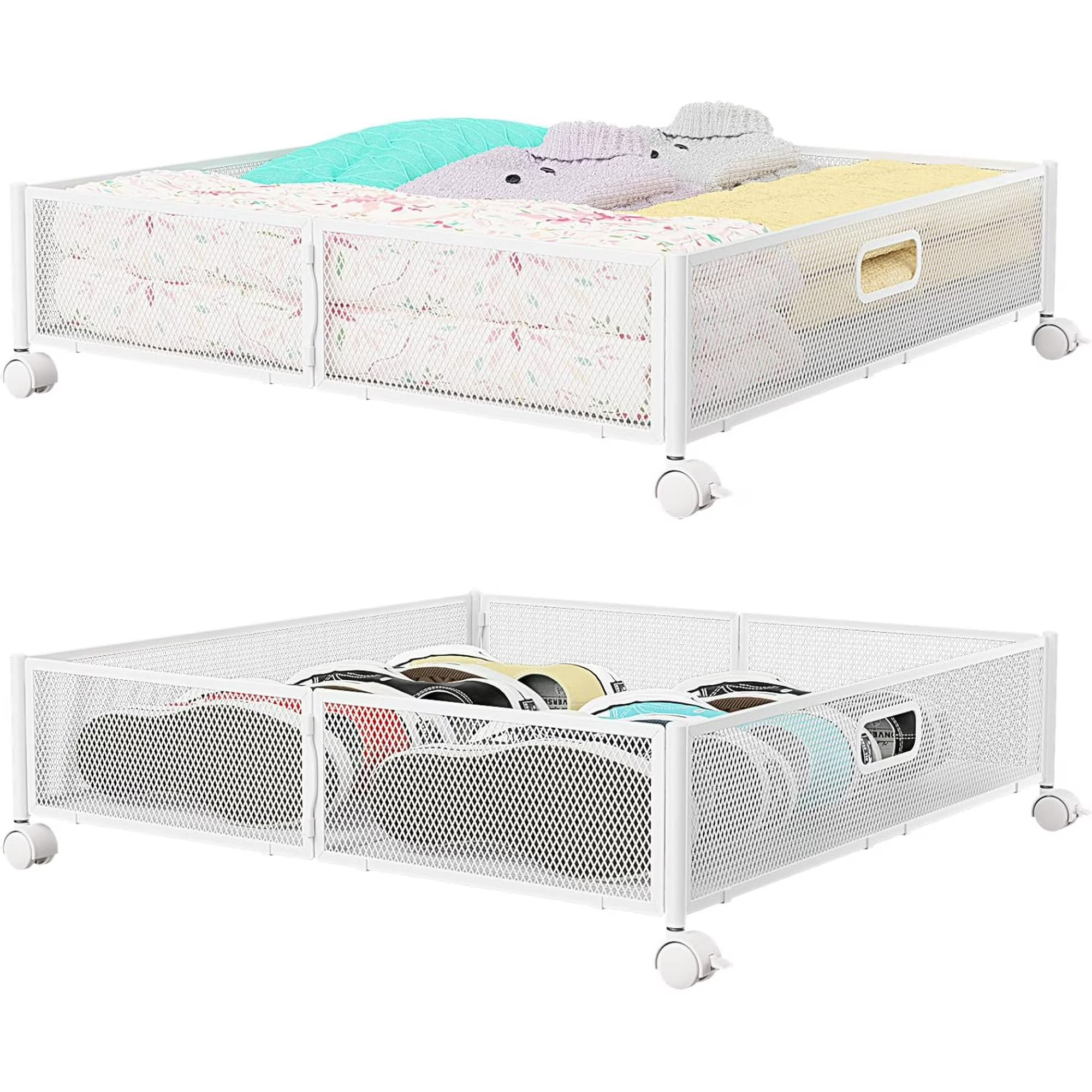 Under Bed Storage Containers with Wheels - Shoe Storage Organizer Drawer, Tool-free Assembly Metal Underbed Storage Containers for Bedroom Clothes, Shoes, Blankets - 2Pack