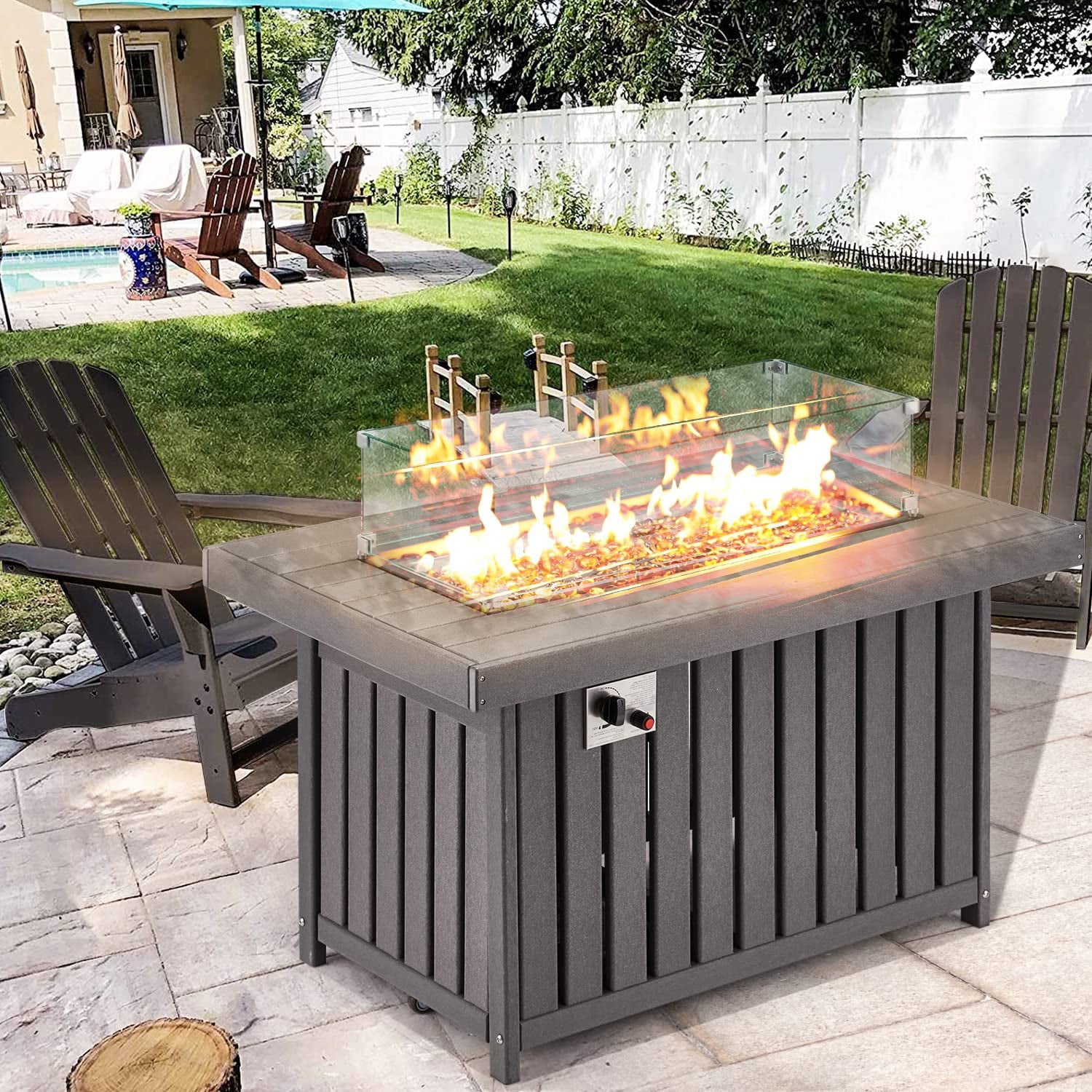 Propane Fire Pit Table with Lid and Fire Glass, 43 Inch, Gray k7p