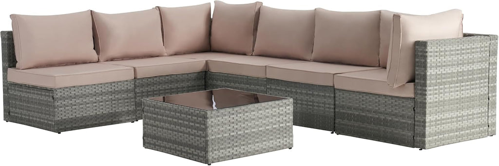 Outdoor Patio Conversation Set with Coffee Table, Beige wicker sectional sofa a7