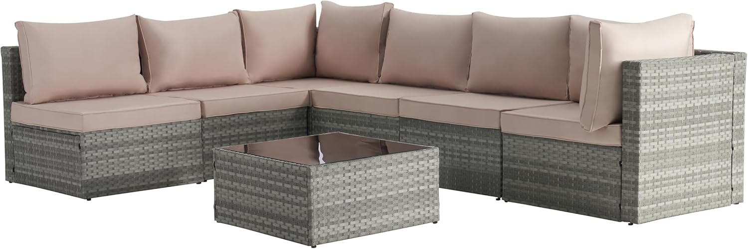 Outdoor Patio Conversation Set with Coffee Table, Beige wicker sectional sofa a7