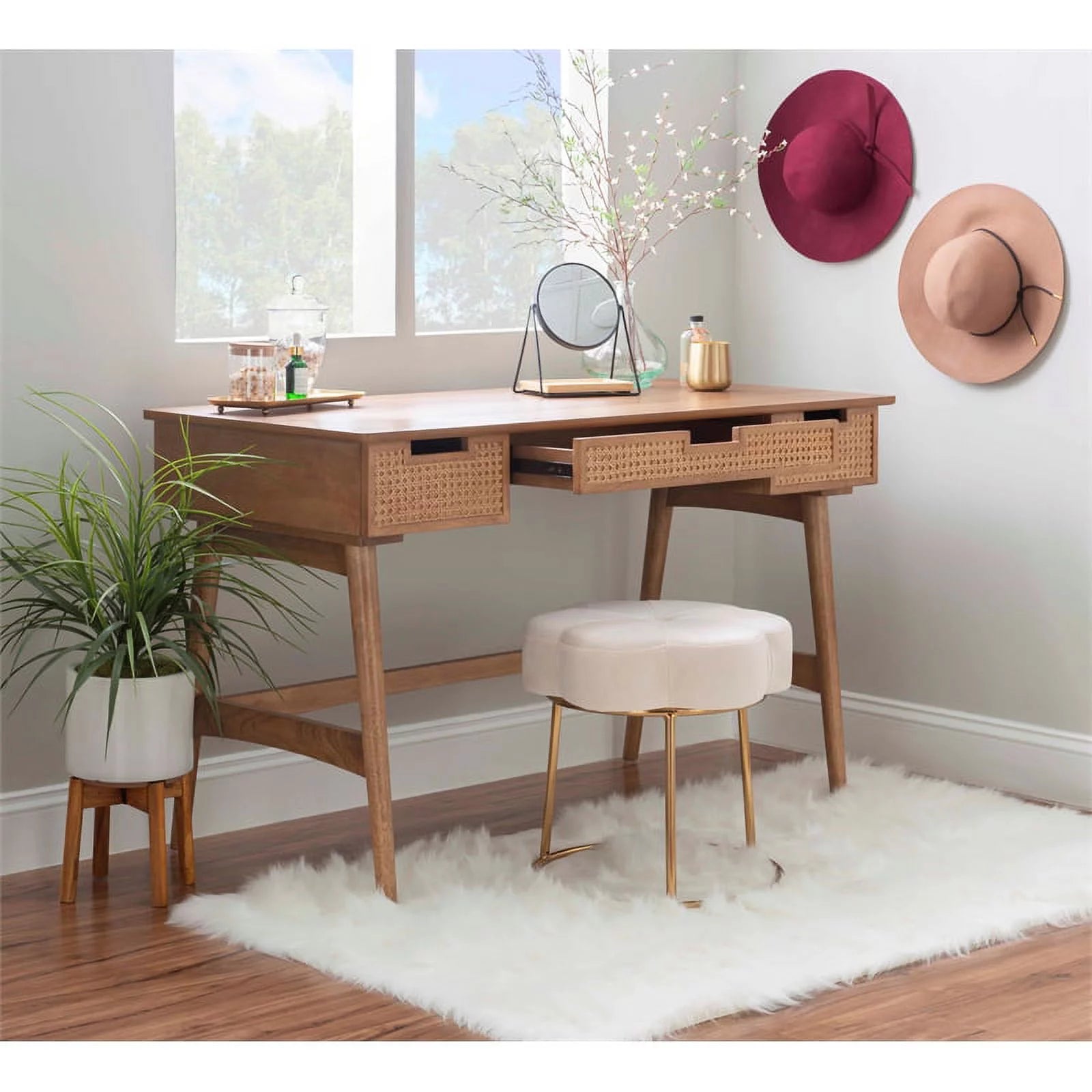 Rattan Wood Desk with Drawers Natural k7m